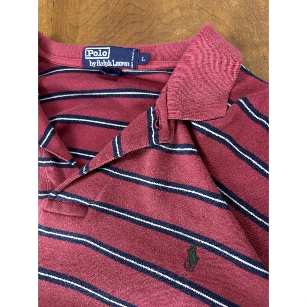POLO Ralph Lauren Mens L Polo Shirt Red Navy Striped‎ Short Sleeve Preppy Vtg 90